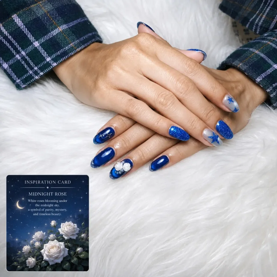 เล็บสีน้ำเงินเข้มและประกาย ตัวอย่างงานโทนเข้มจาก Neko Nail
