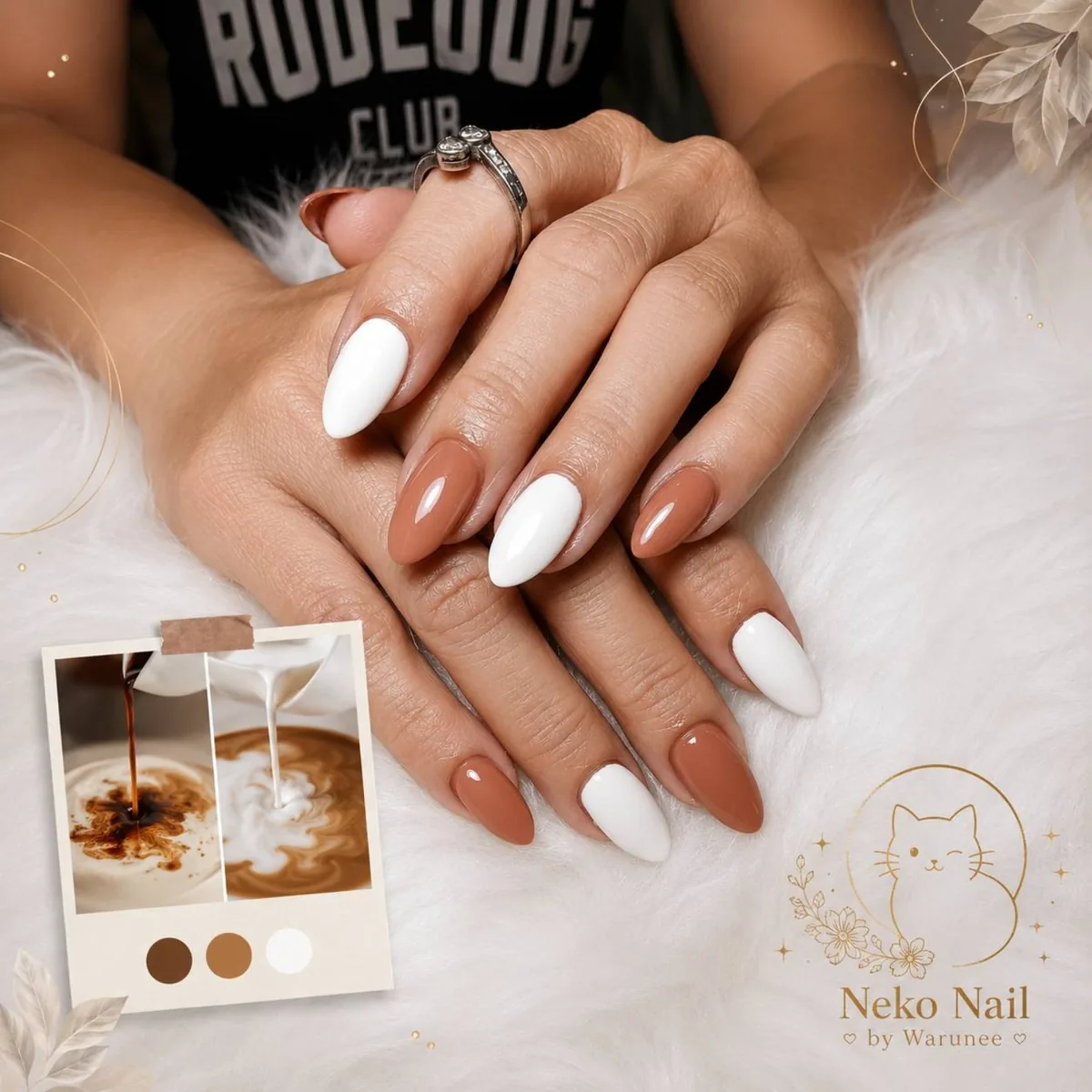 เล็บเจลสีน้ำตาลสลับขาวมินิมอล ผลงานร้าน Neko Nail บางใหญ่