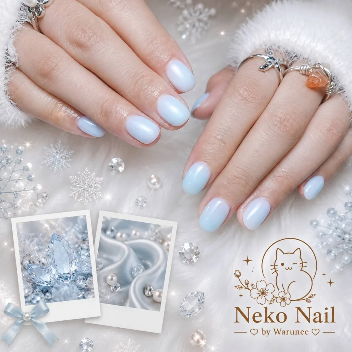 เล็บเจลสีฟ้าอ่อนโทน ice blue ผลงาน Neko Nail by Warunee Index บางใหญ่