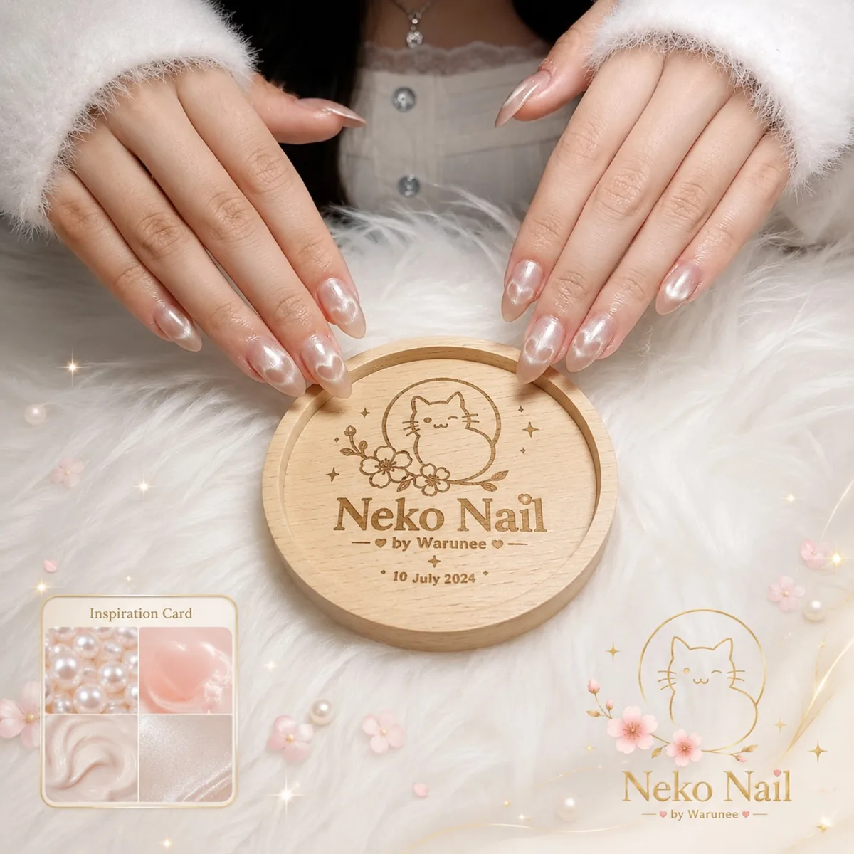 เล็บเจลลูกแก้วมุกโทนนู้ด ผลงาน Neko Nail by Warunee ร้านทำเล็บบางใหญ่