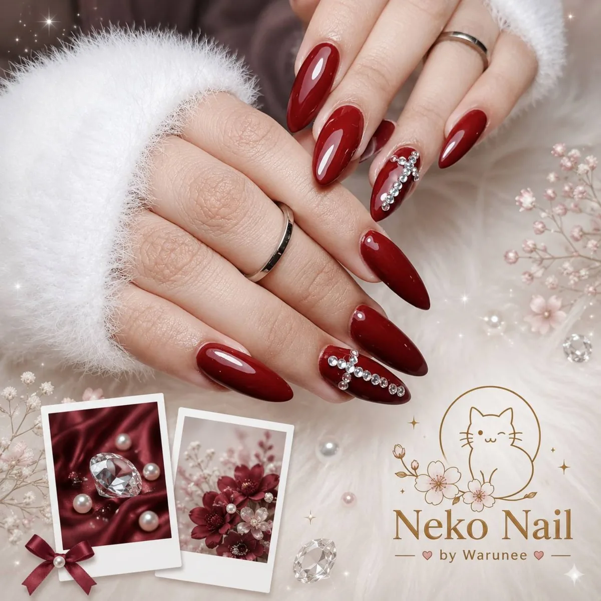 เล็บเจลสีแดงประดับคริสตัล ผลงาน Neko Nail by Warunee บางใหญ่