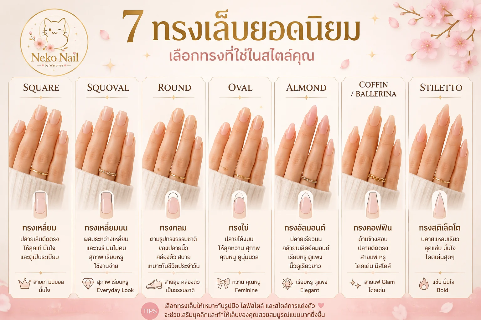 7 ทรงเล็บยอดนิยม Square Squoval Round Oval Almond Coffin และ Stiletto