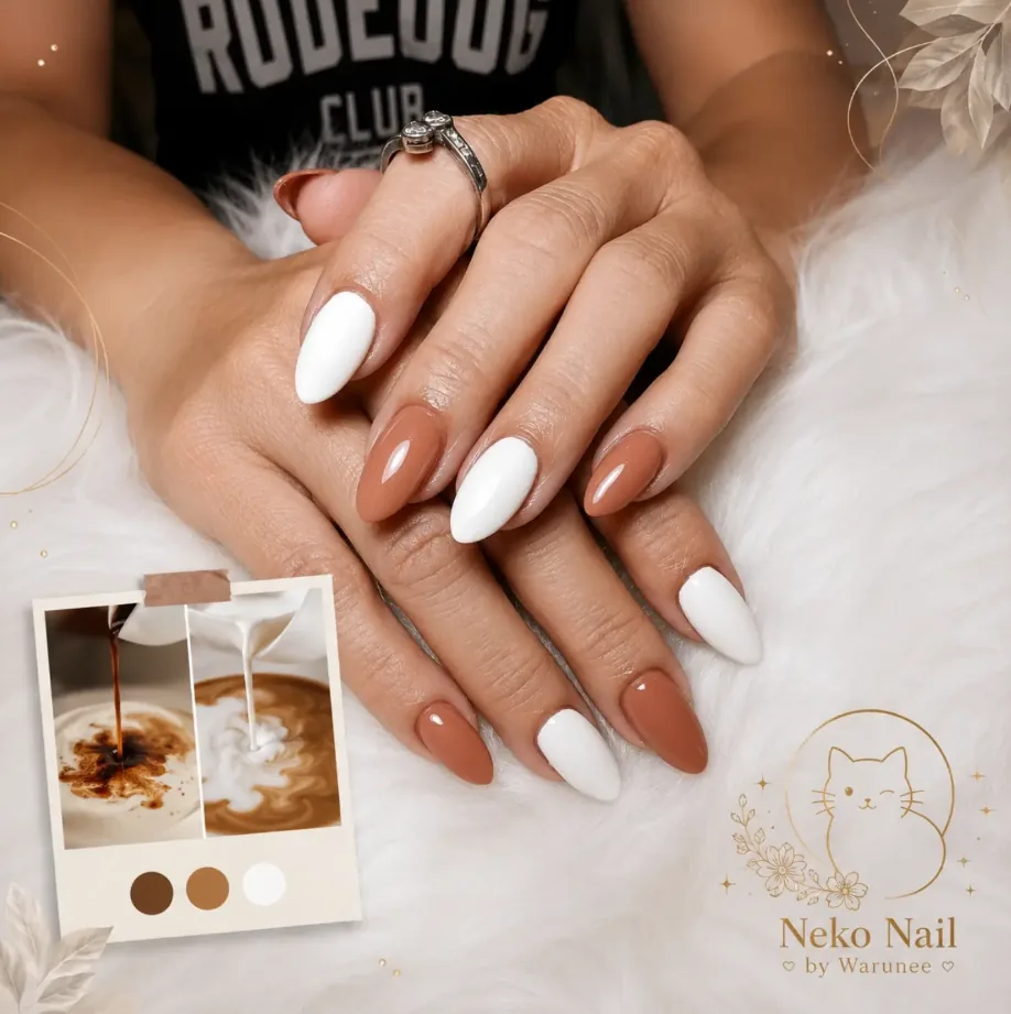 ตัวอย่างผลงานสีเจลขาวและน้ำตาลของ Neko Nail by Warunee บางใหญ่